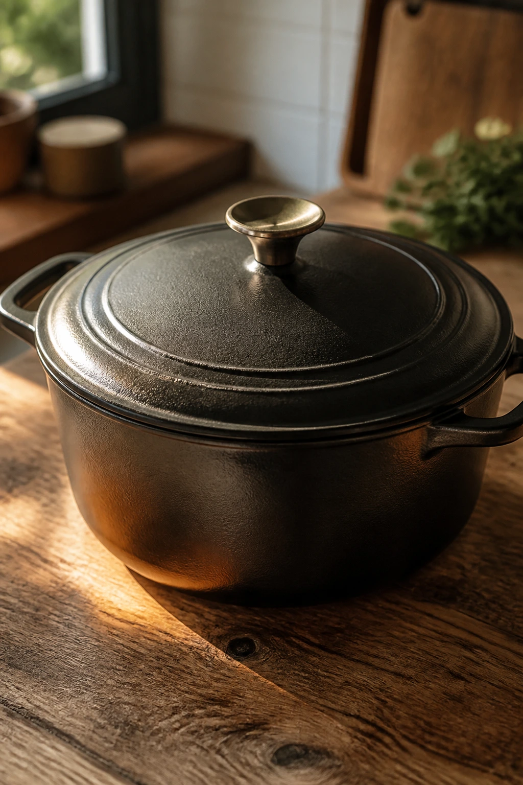 Close-up of a large cast-iron Dutch oven on a wooden kitchen counter, symbolizing essential soup equipment.