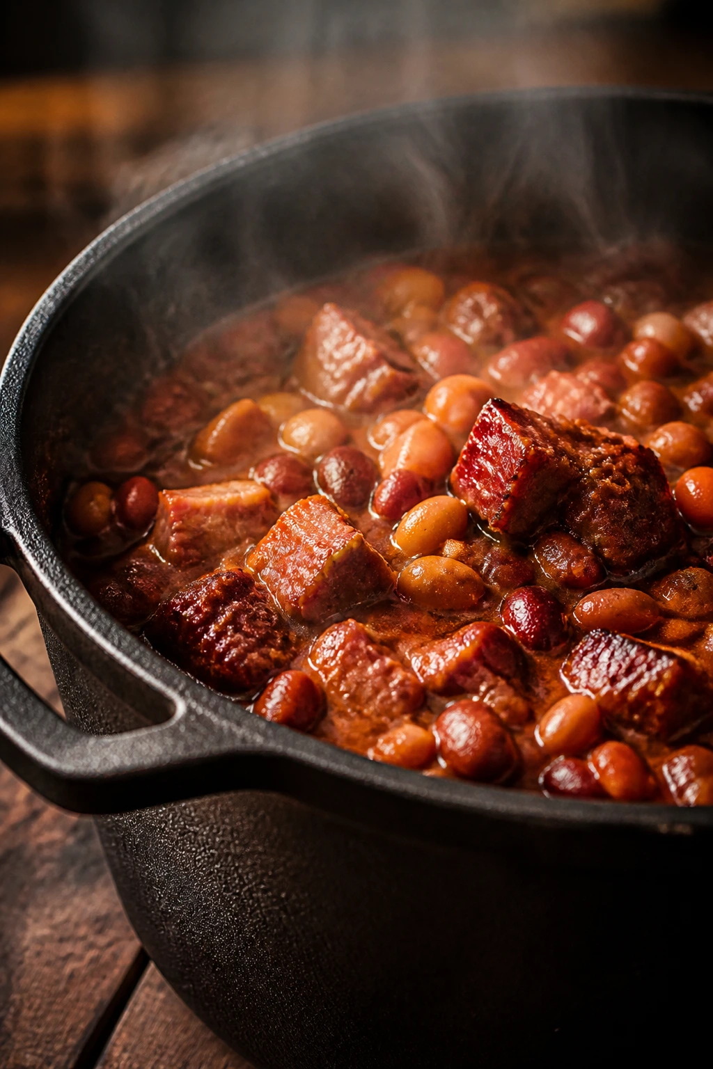 Close-up of steamy cast-iron Dutch oven in a cozy kitchen