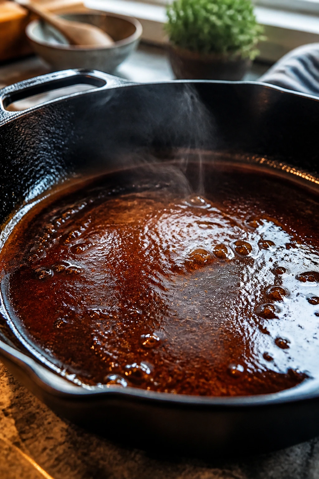 Close-up of a seasoned cast-iron pan with glossy glaze in a warm kitchen