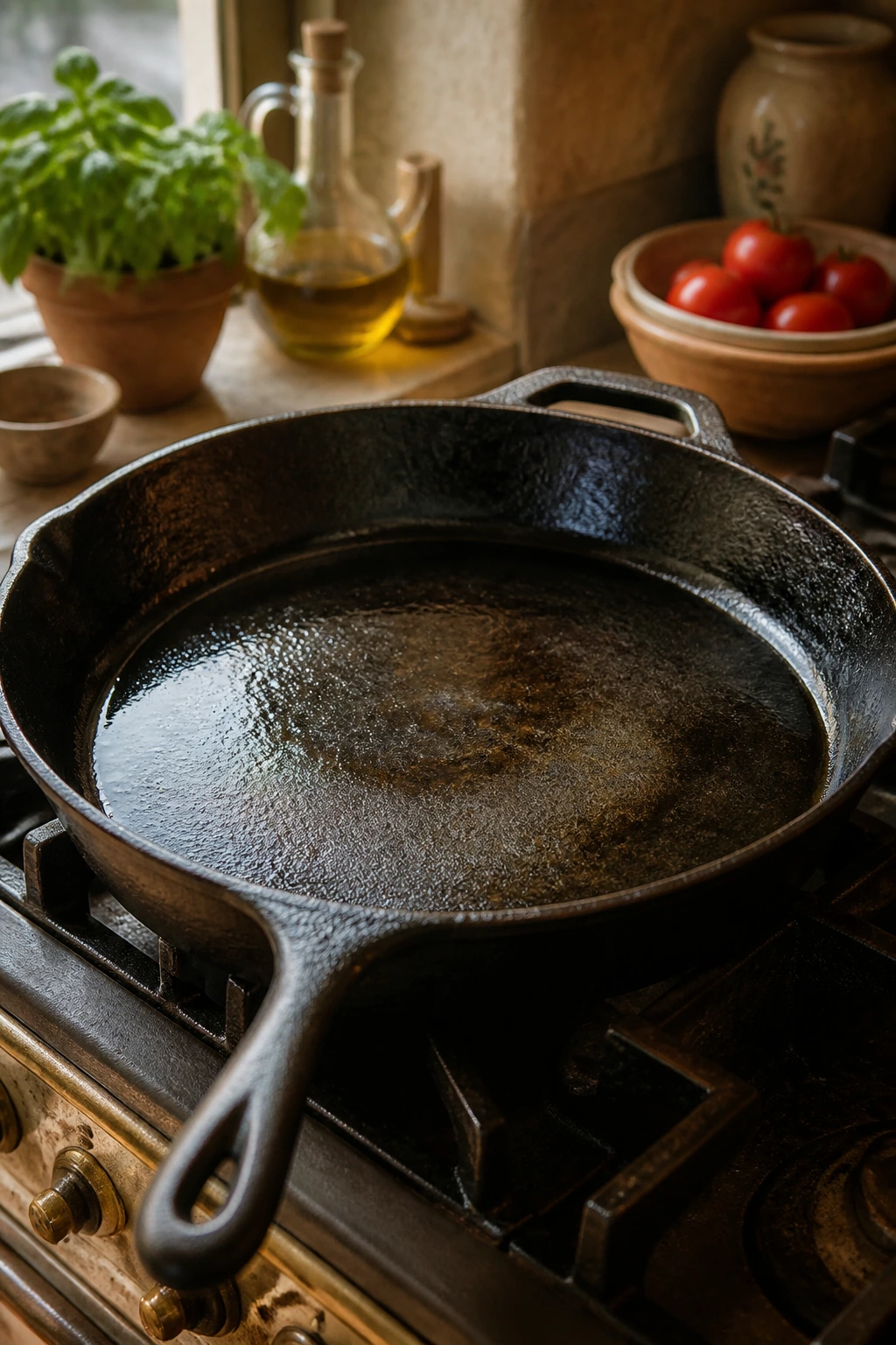 Close-up of a seasoned cast-iron skillet on a warm stove in a rustic Italian kitchen
