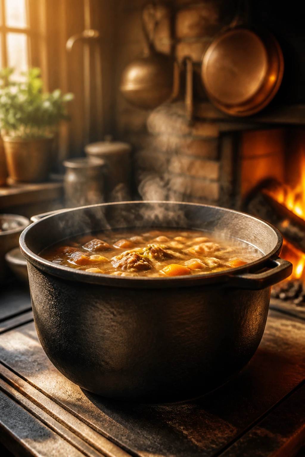 Rustic cast-iron Dutch oven steaming, nostalgic crowd-friendly pot.