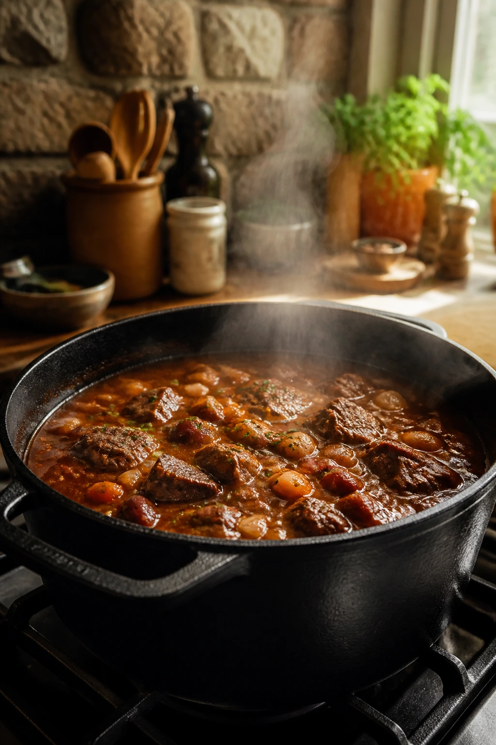 Close-up of a steaming cast-iron pot on a kitchen stove