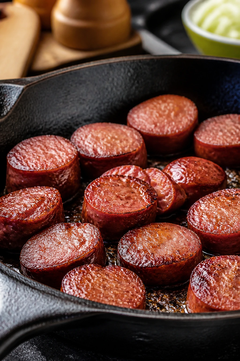 Sausage browning deeply in a cast iron skillet with a rich crust.