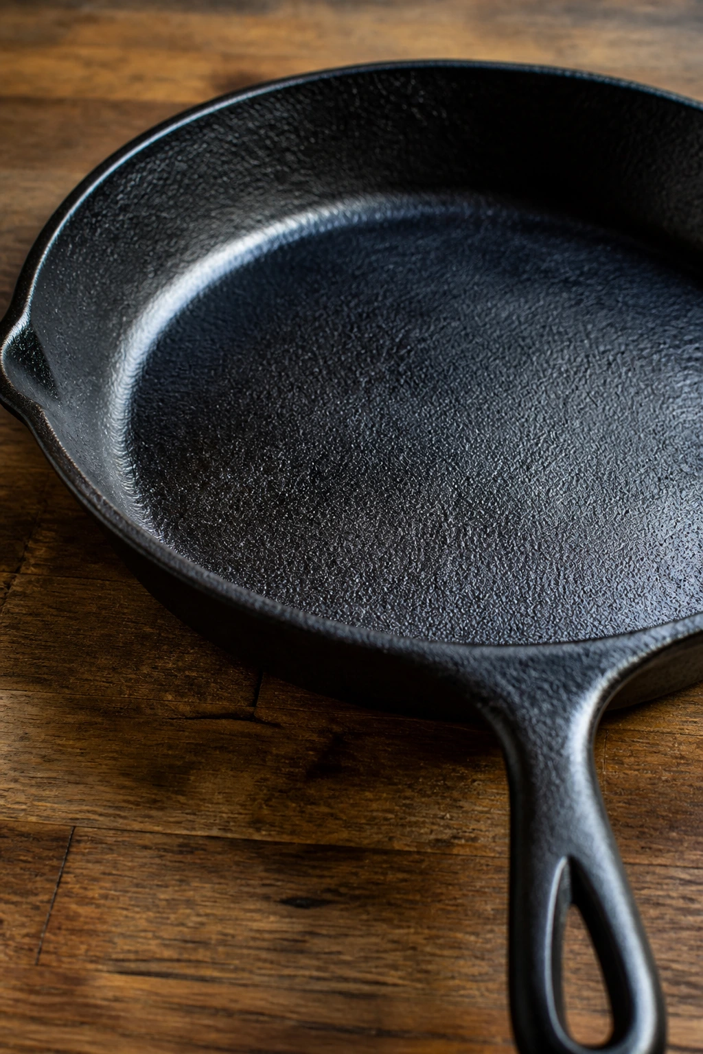 Close-up of a seasoned cast-iron skillet on a wooden counter