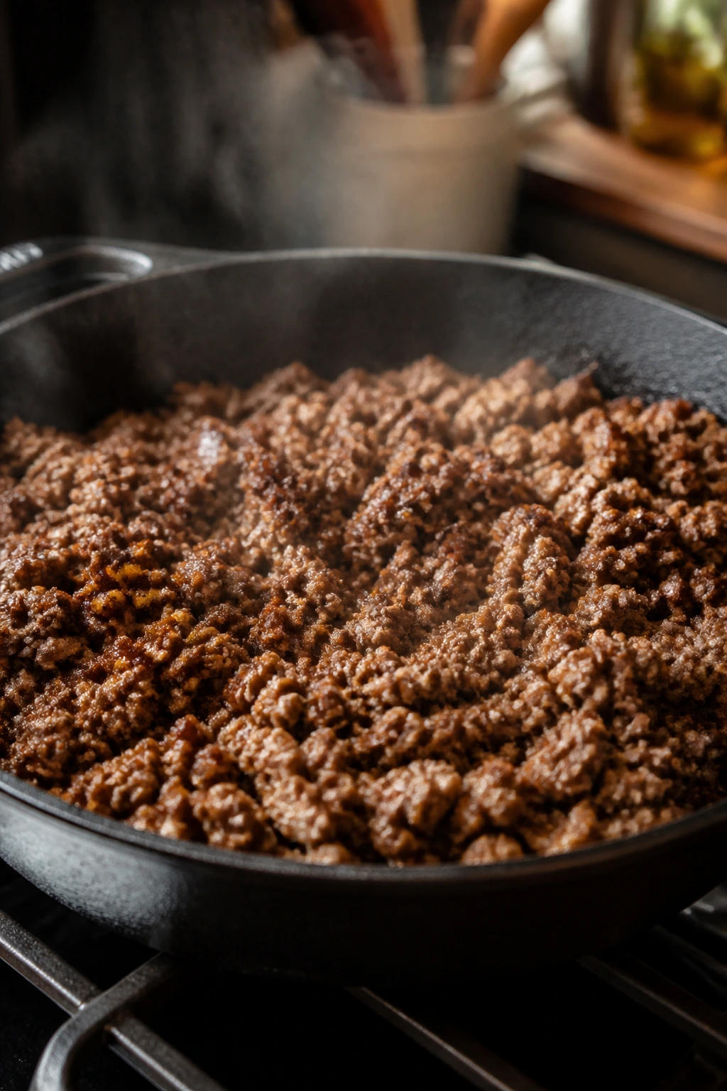 Close-up of a cast-iron skillet with browned beef filling the frame