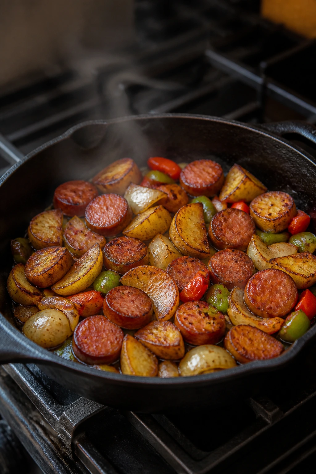 Cast-iron skillet browning sausage and potatoes on a stove