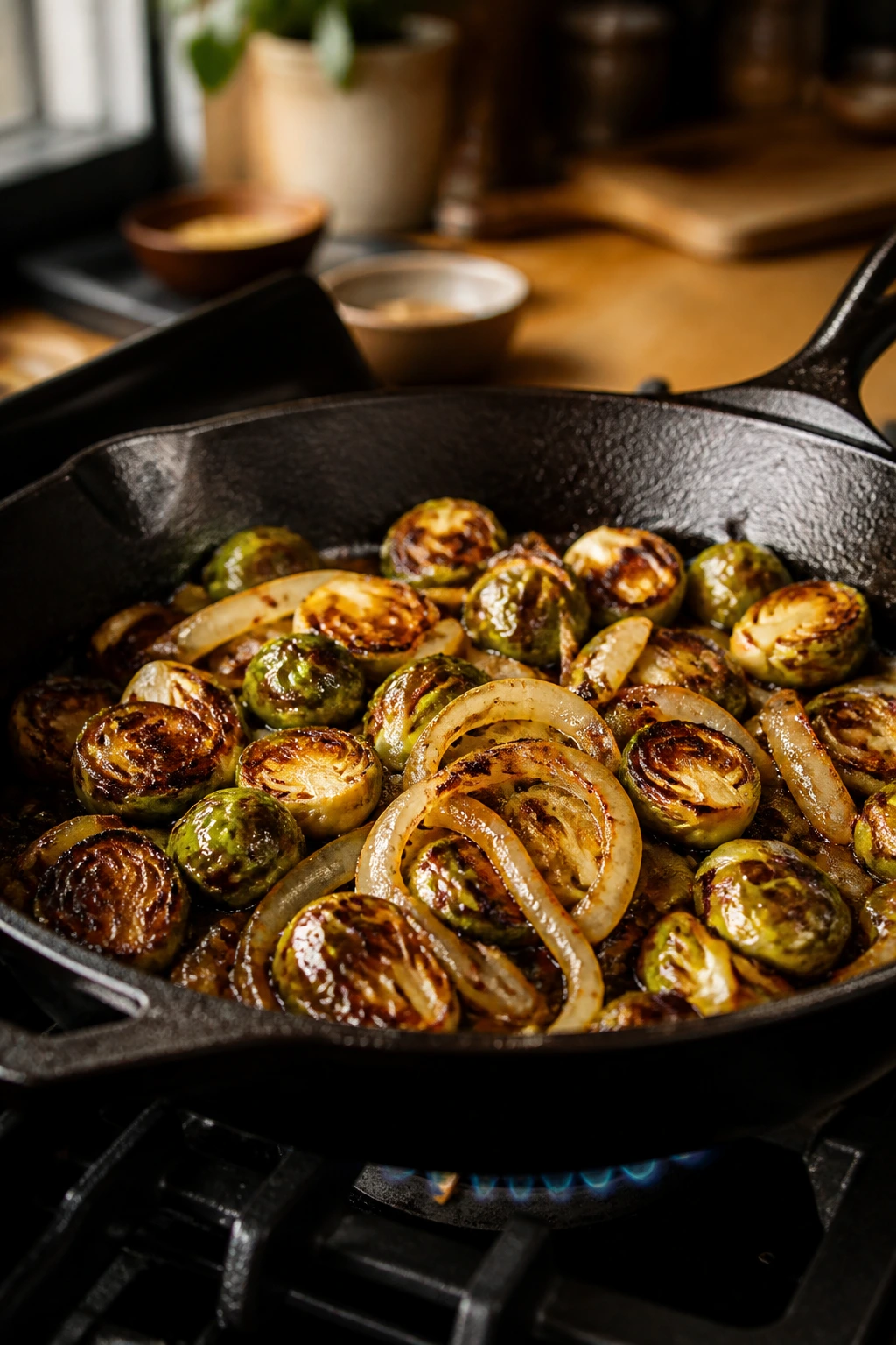 Skillet on stove browning vegetables with warm kitchen backdrop