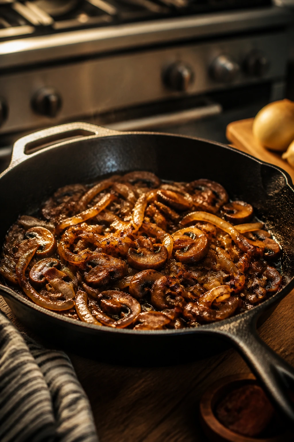 Close-up of a 12-inch cast-iron skillet on a kitchen counter with onions and mushrooms.