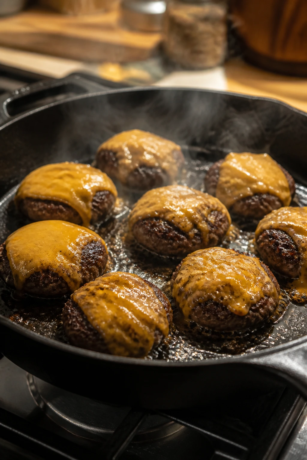 Cast-iron skillet with mini burgers browning and melting cheese