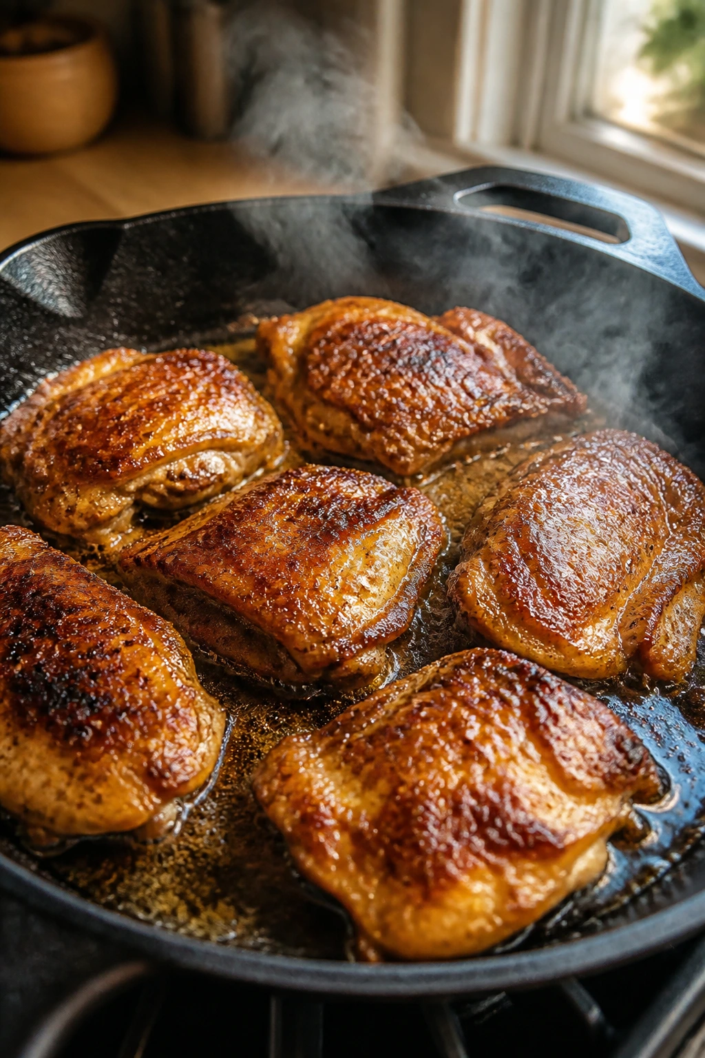 Close-up of a hot skillet with crispy chicken pieces