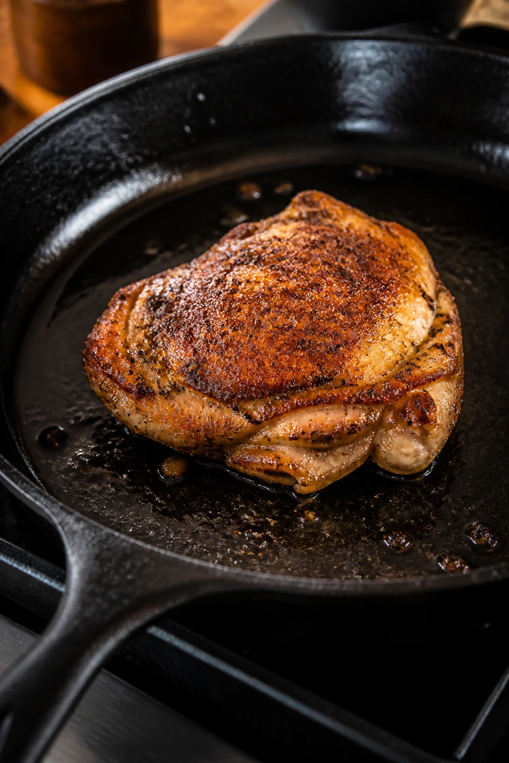 Cast-iron skillet browning chicken thigh with golden crust