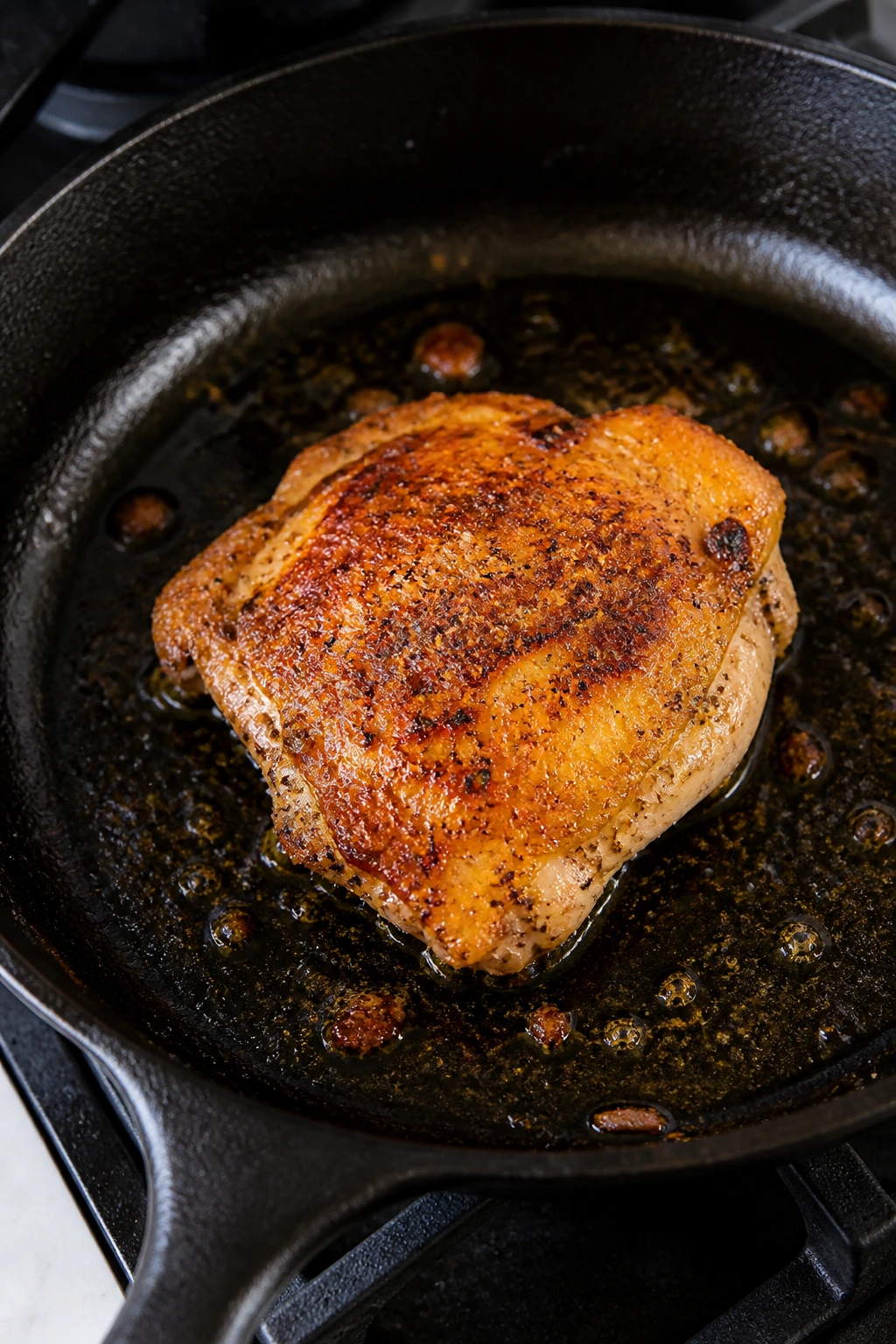 Crispy chicken thigh in a cast-iron skillet