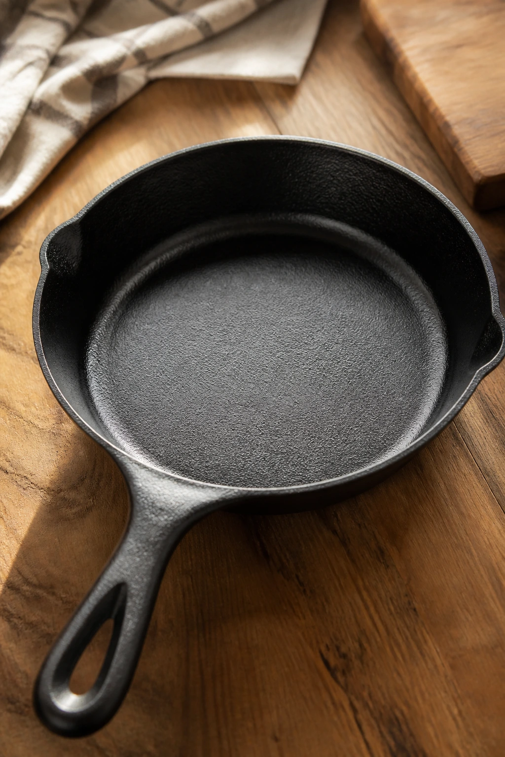 Close-up of a 10-inch cast-iron skillet on a wooden counter, showcasing essential dessert cookware.