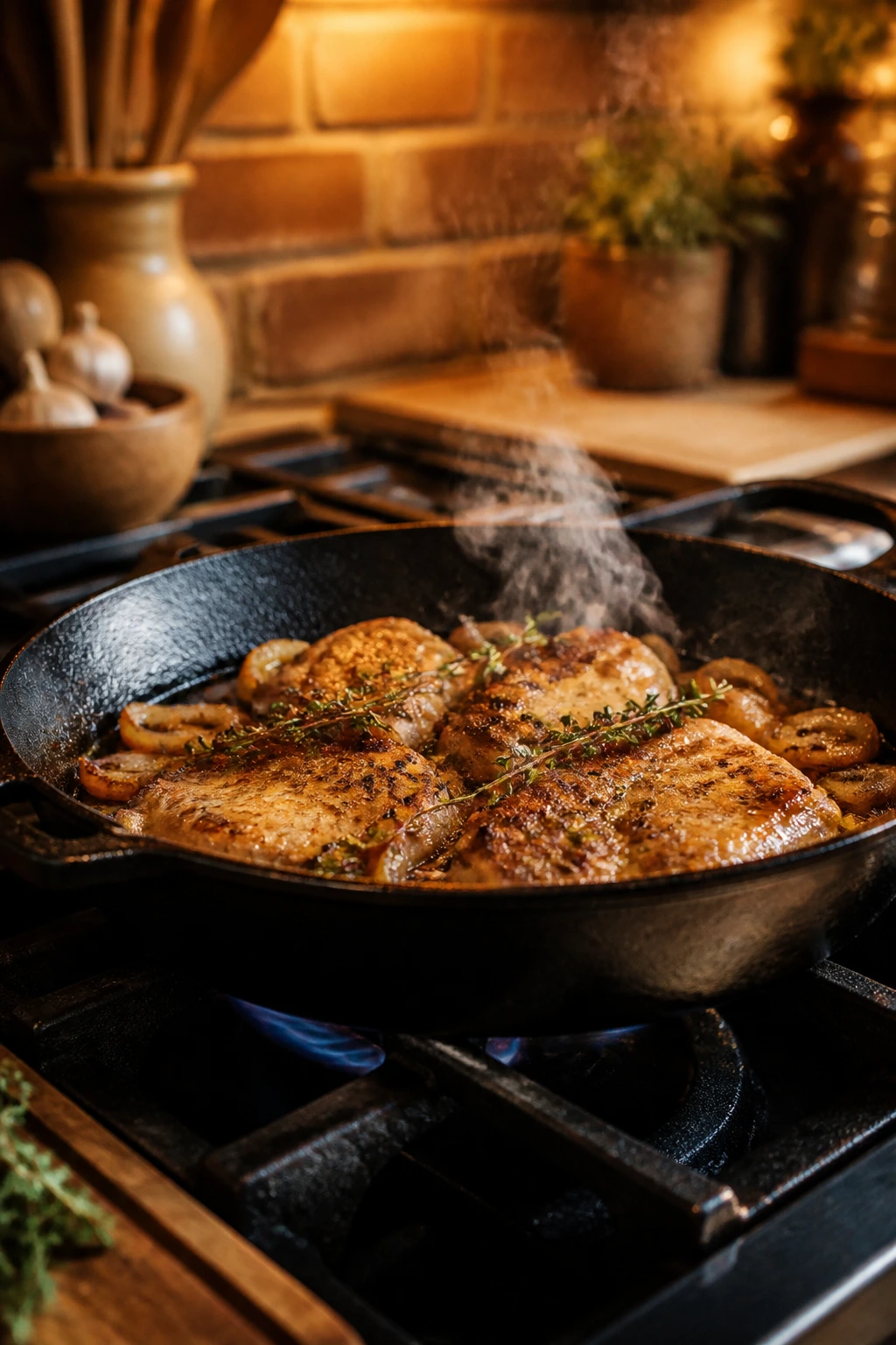 Close-up of a seasoned cast iron skillet with steam in a cozy kitchen
