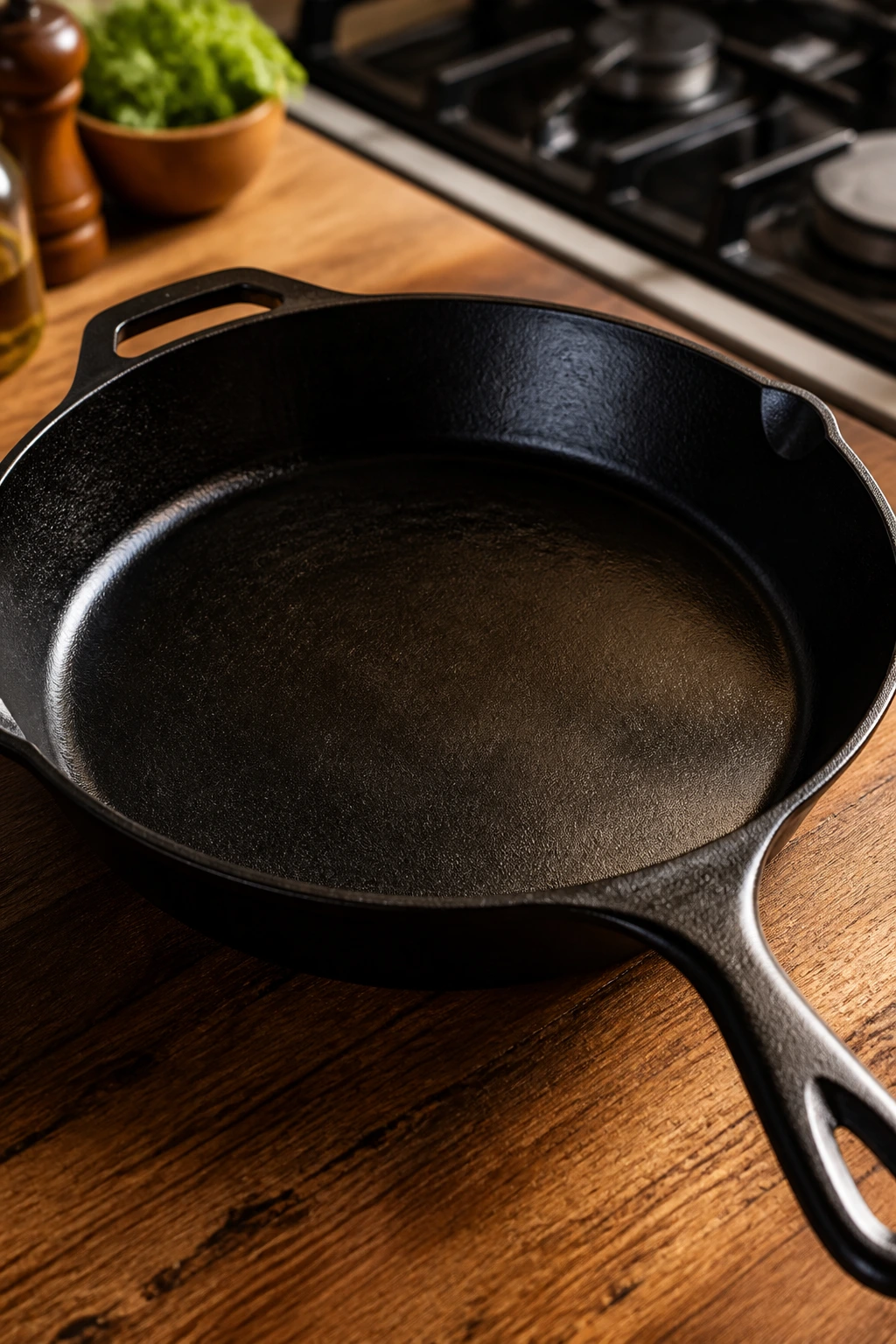 Cast-iron skillet on kitchen counter as essential equipment