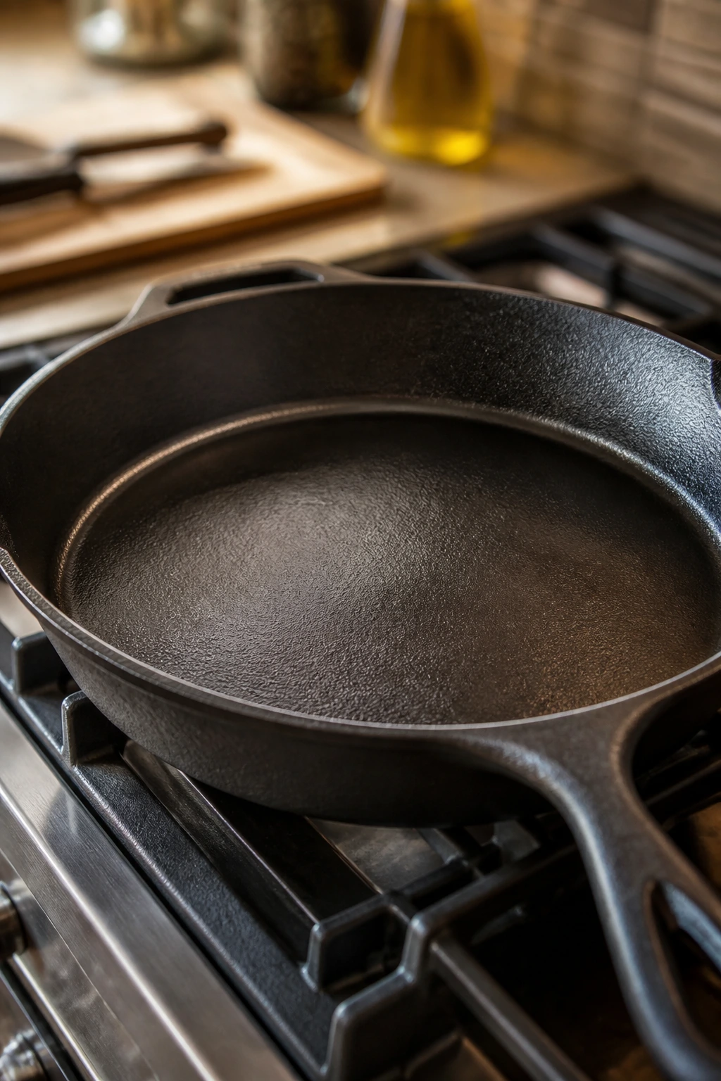 Close-up of a large cast-iron skillet filling the frame in a warm kitchen