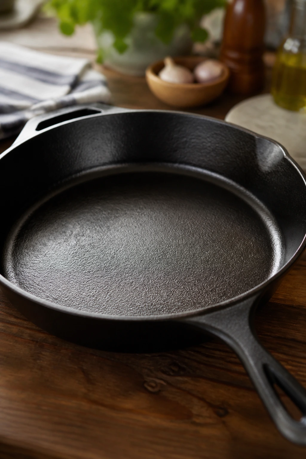 Cast-iron skillet in focus on wooden counter as essential kitchen gear