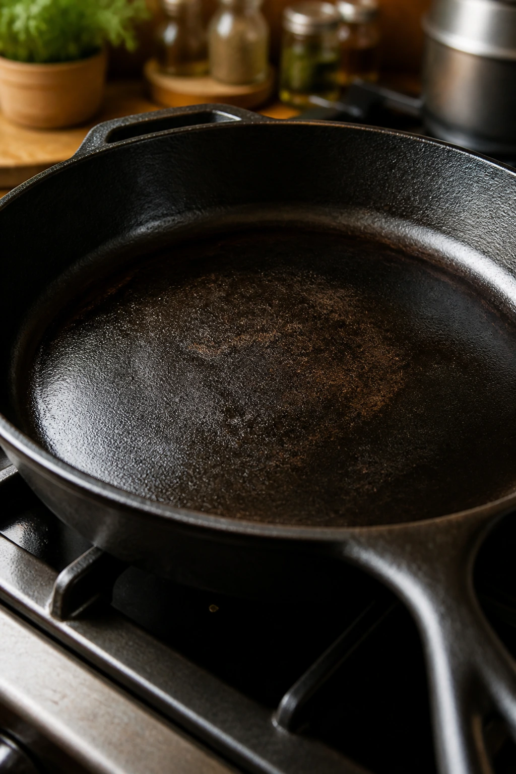 Close-up of a 12-inch cast-iron skillet filling the frame on a stove