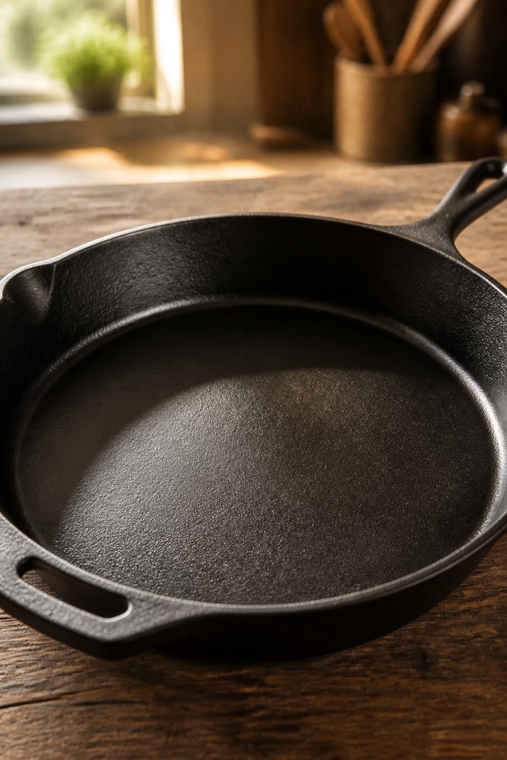 Close-up of a cast-iron skillet on a wooden counter in a warm kitchen