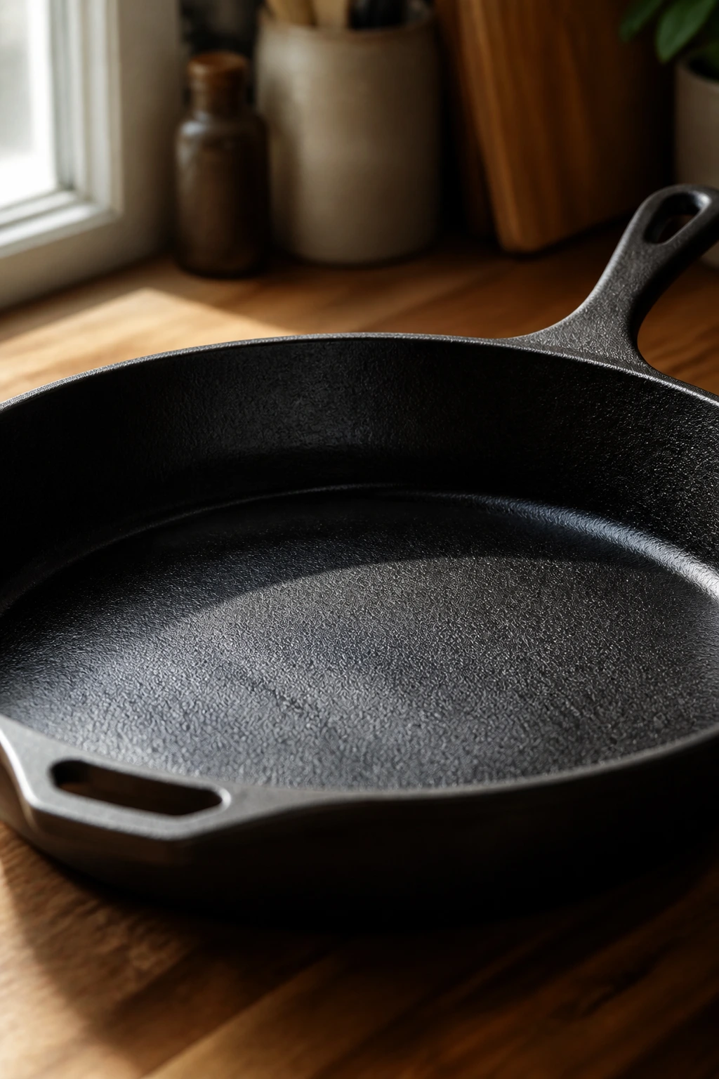 Close-up of a seasoned cast-iron skillet on a wooden kitchen counter