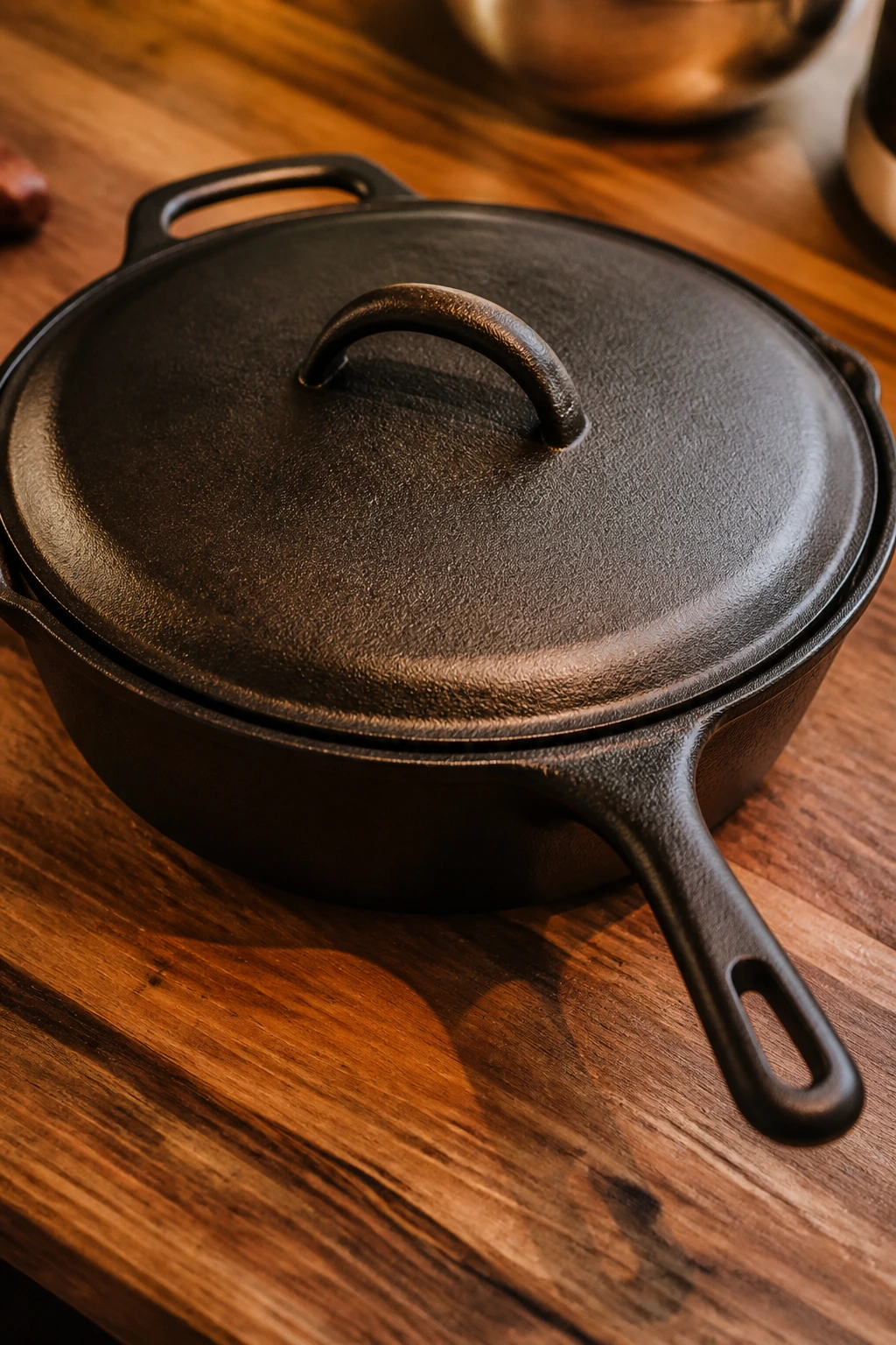 Cast-iron skillet with lid on a wooden counter, hero cookware
