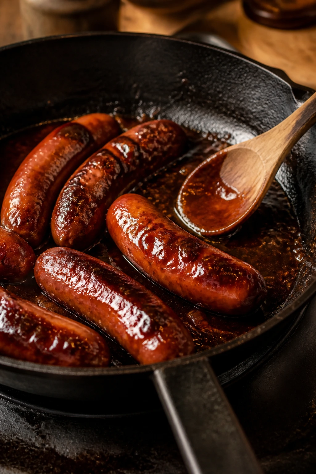 Cast-iron skillet with glazed sausage and wooden spoon