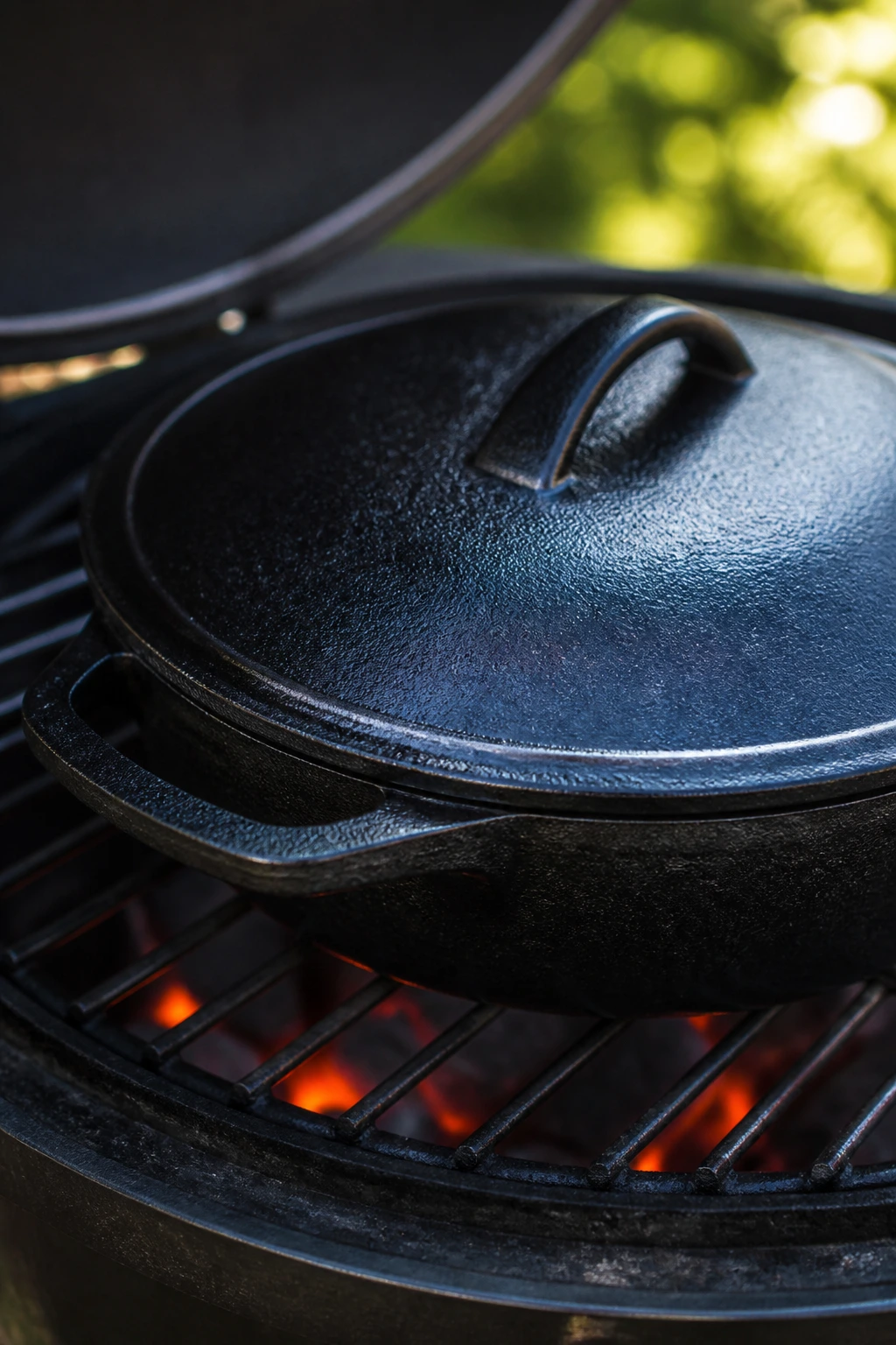 Cast-iron skillet on a backyard grill