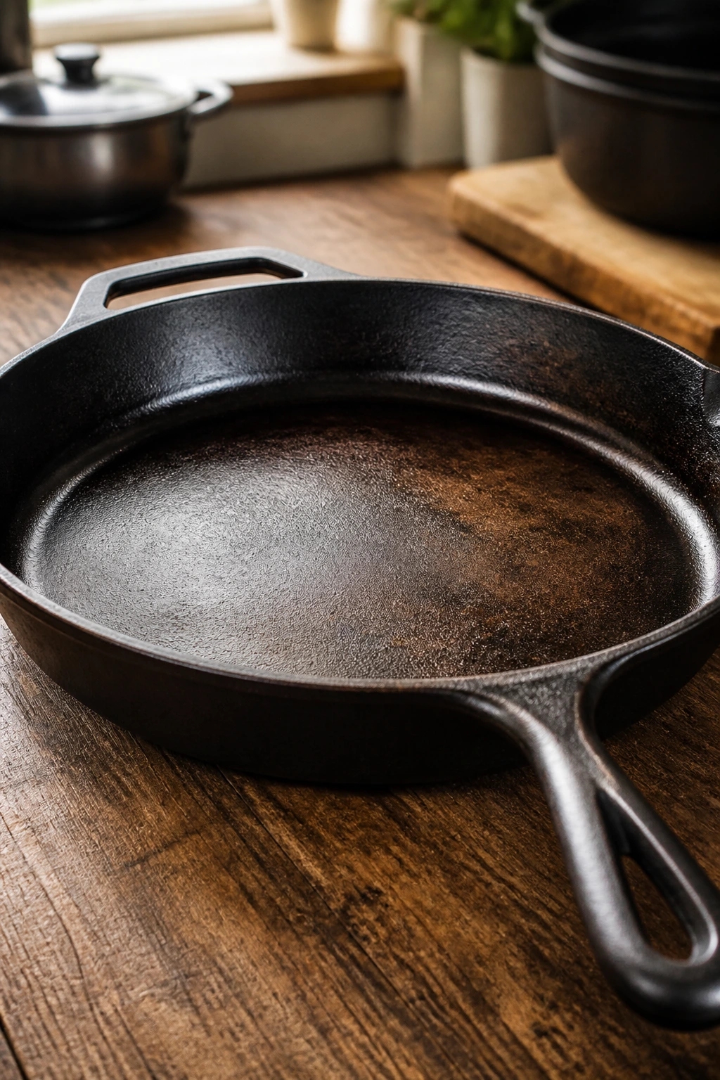 Close-up of a seasoned 12-inch cast-iron skillet browning in a rustic kitchen