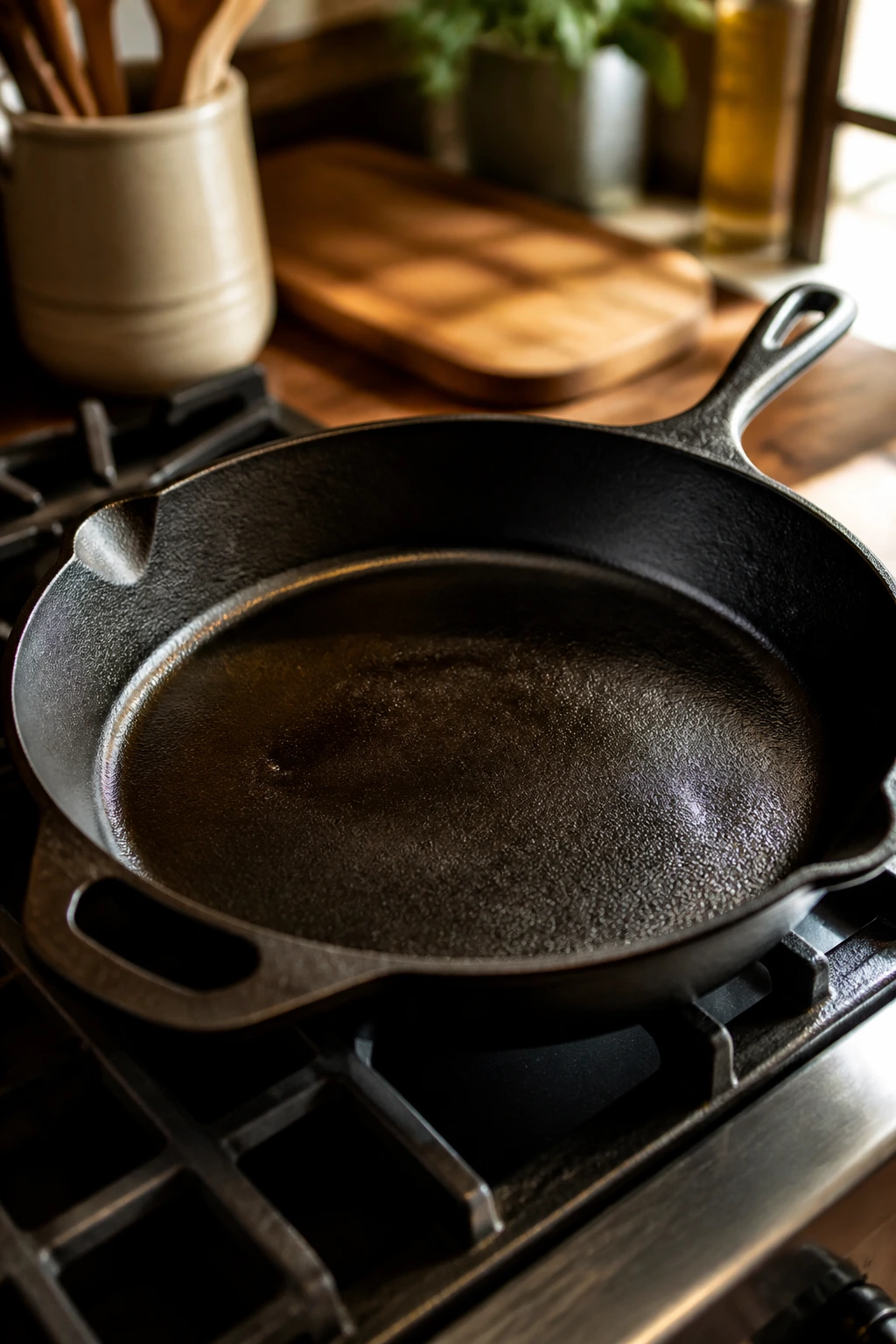 Close-up of a clean cast-iron skillet on a stove in a kitchen