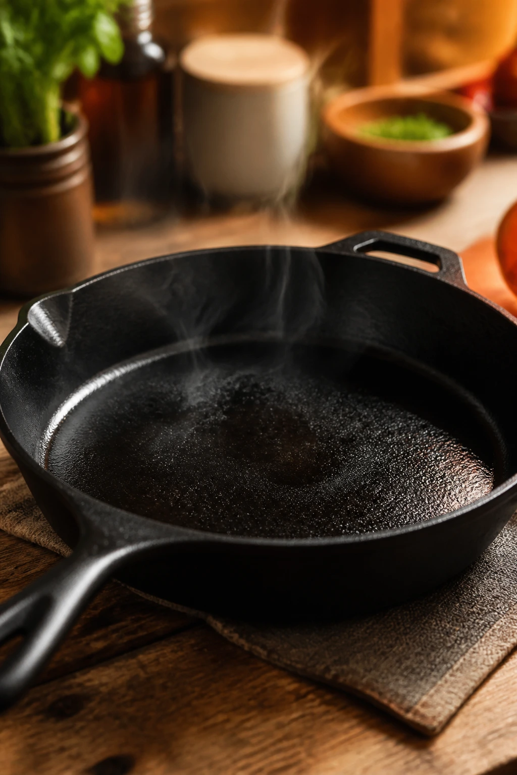 Close-up of a large cast-iron skillet in a kitchen setting