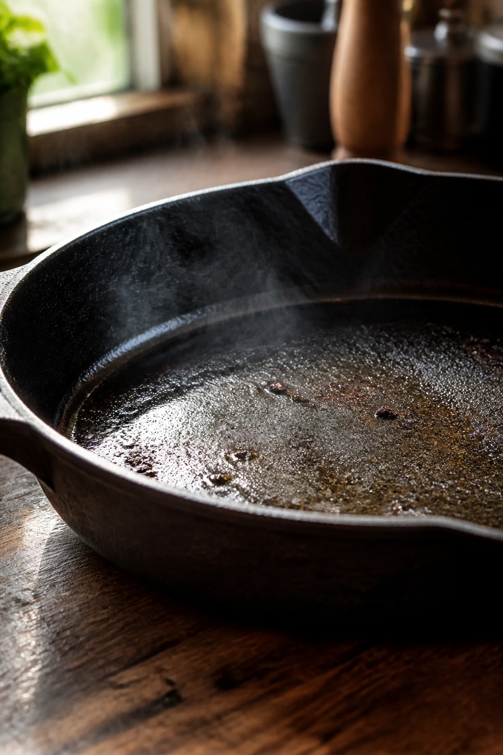Cast-iron skillet on wooden counter close-up