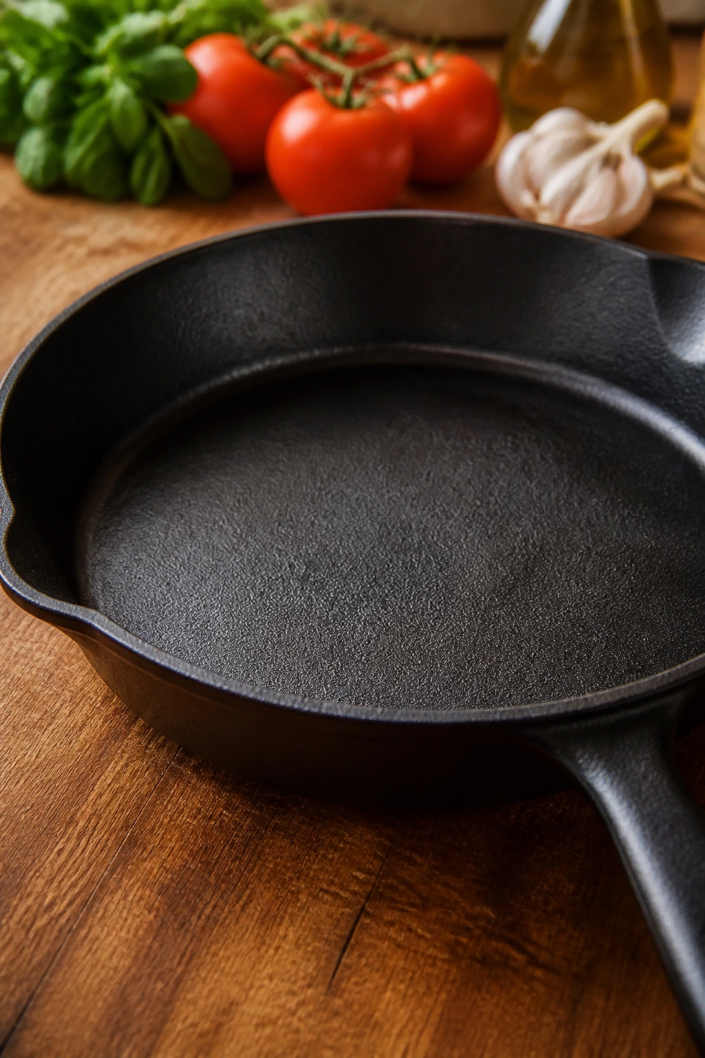 Cast-iron skillet on a wooden kitchen counter