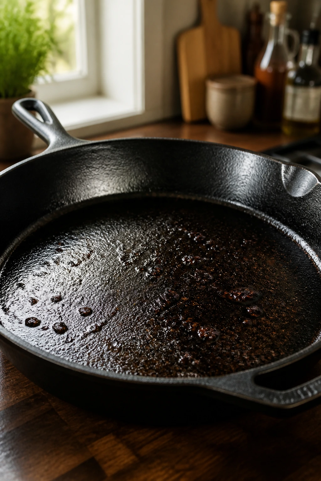 Close-up of a seasoned 12-inch cast-iron skillet browning in a warm kitchen
