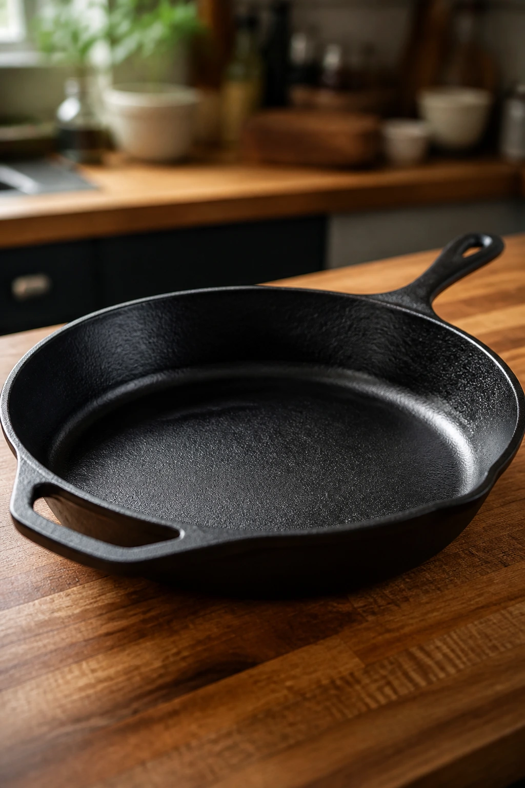 Cast-iron skillet on wooden counter in a home kitchen