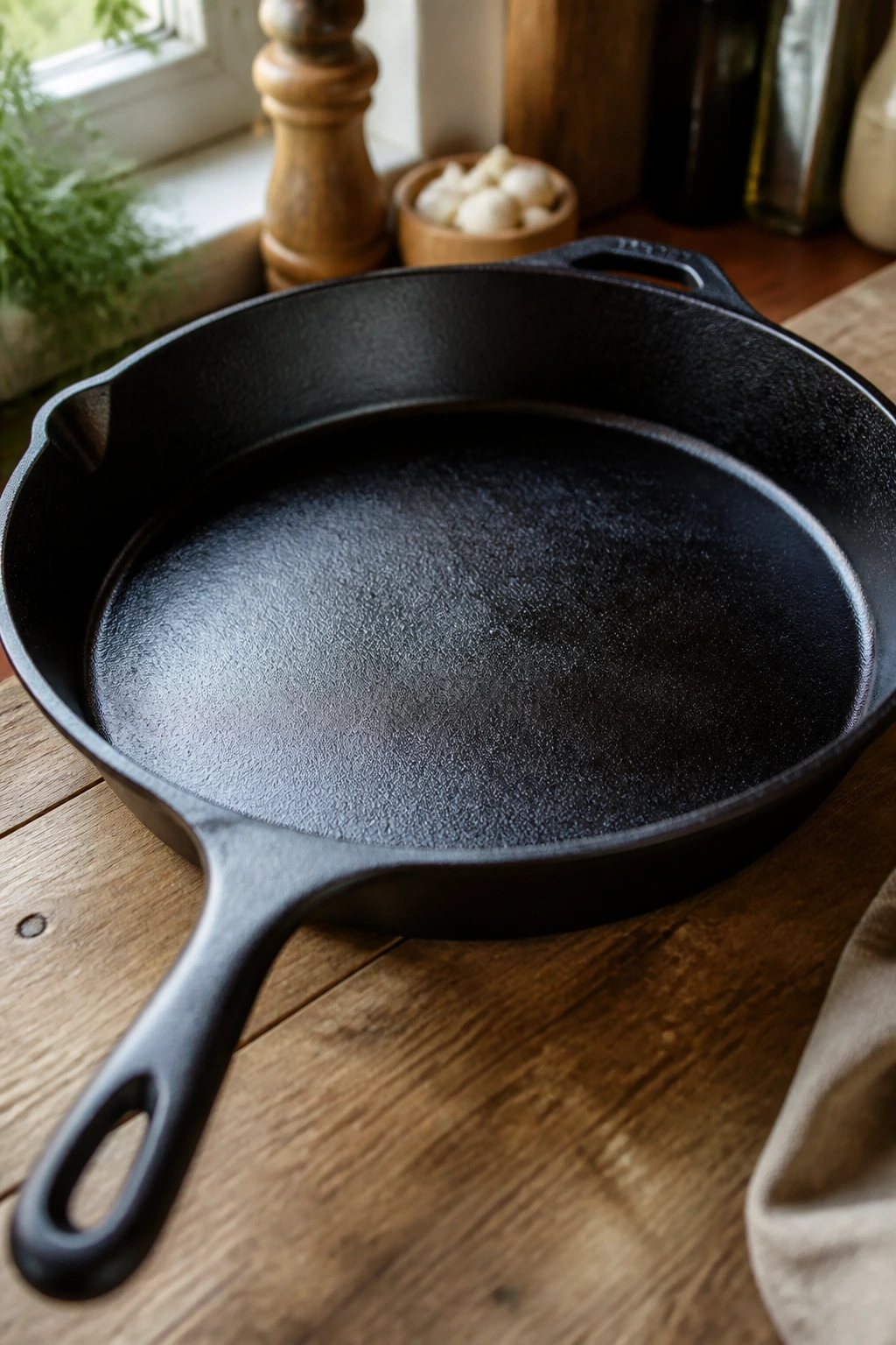 Close-up of a cast-iron skillet on a wooden kitchen counter