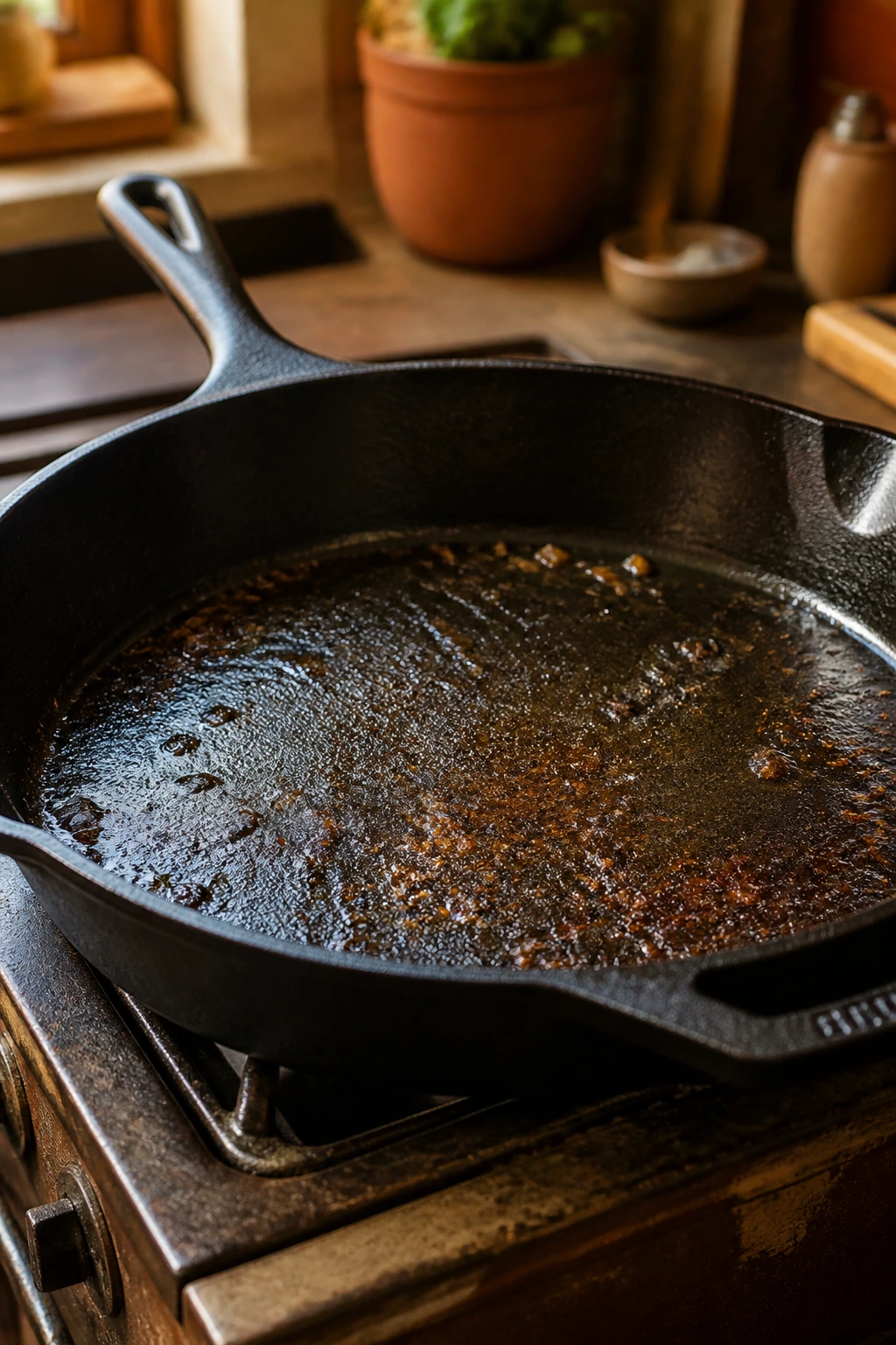Close-up of a 12-inch cast-iron skillet on a stove