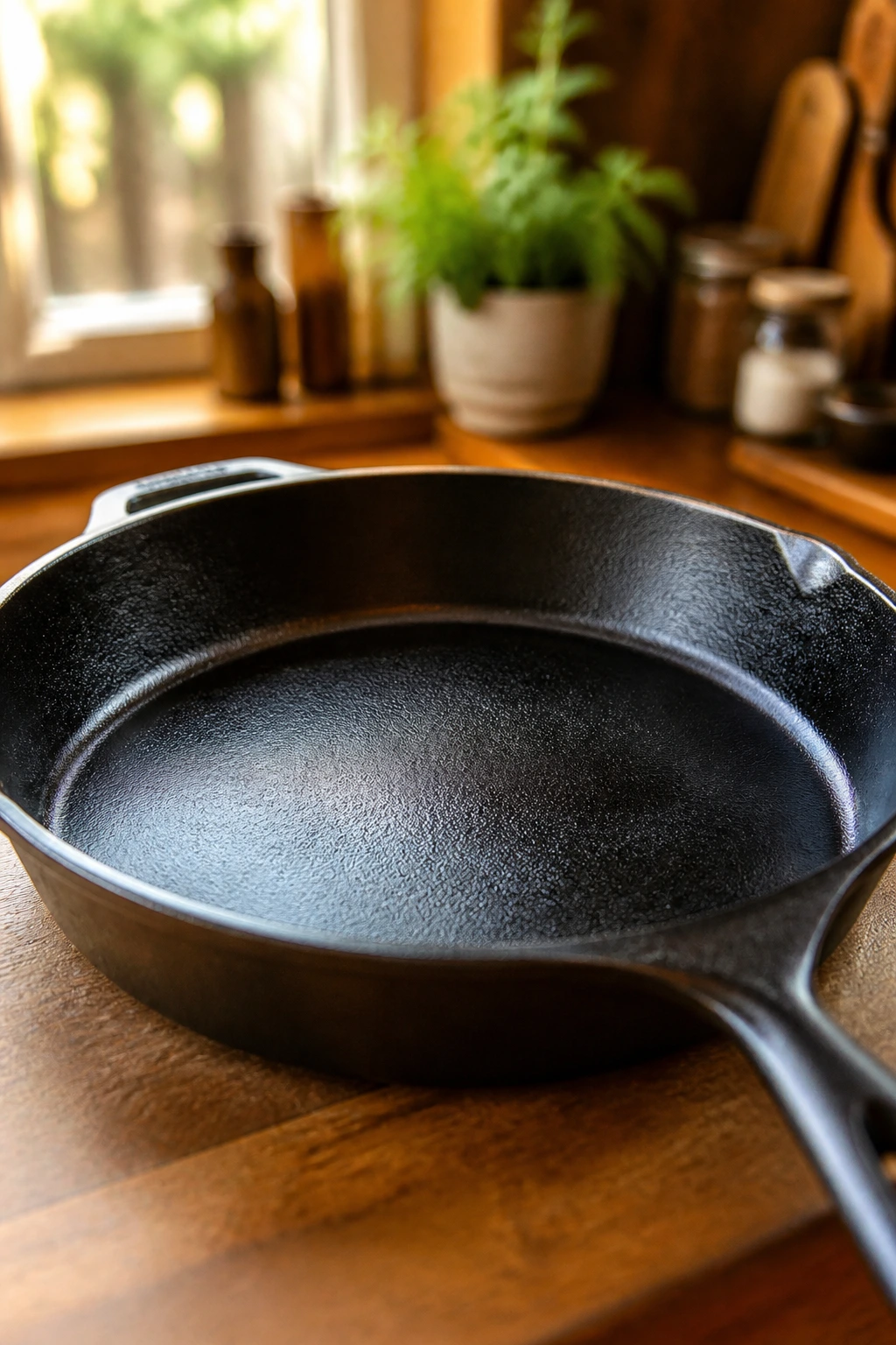 Close-up of a 12-inch cast-iron skillet in a cozy kitchen