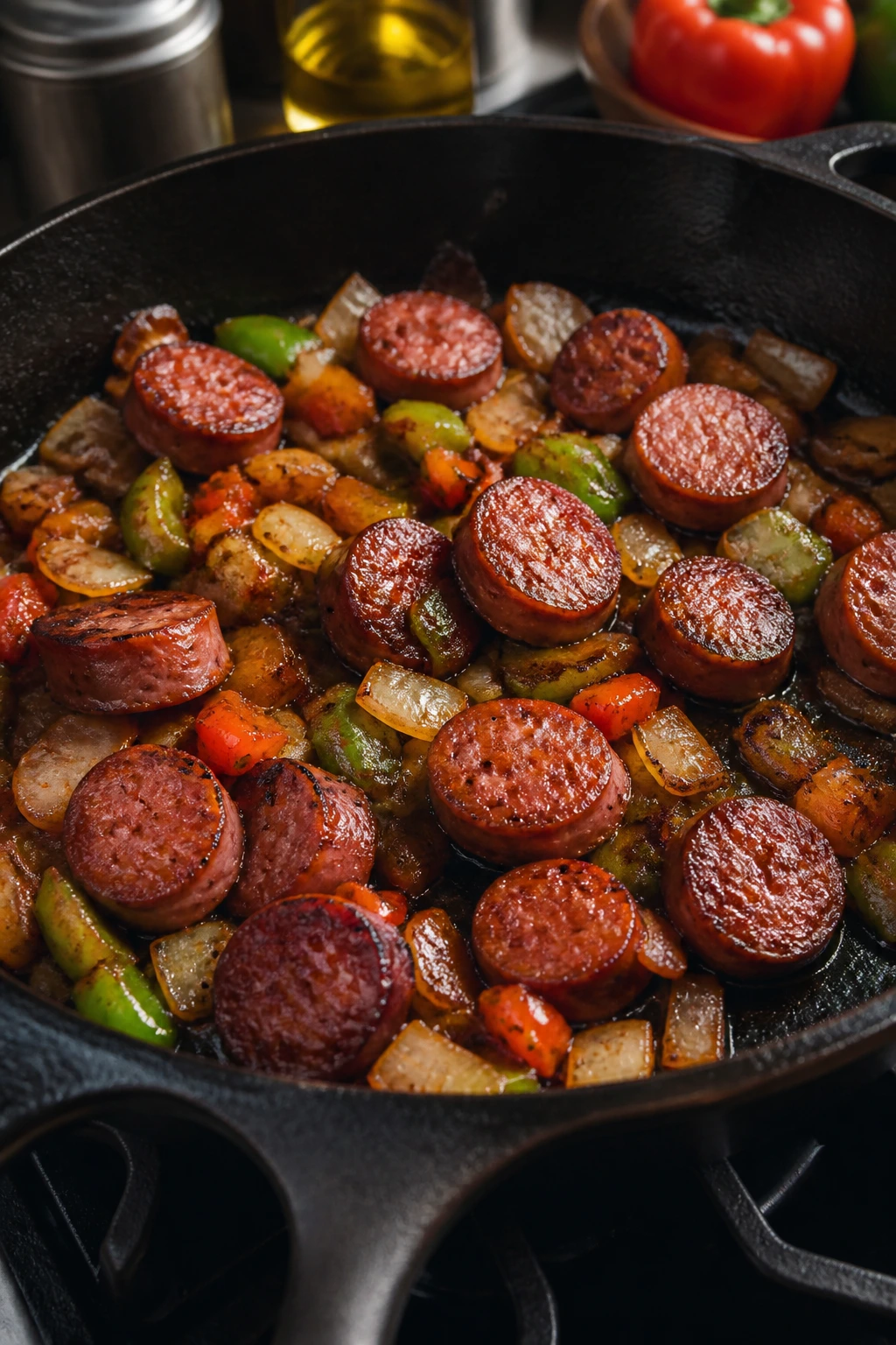 Close-up of a large cast-iron skillet on a stove