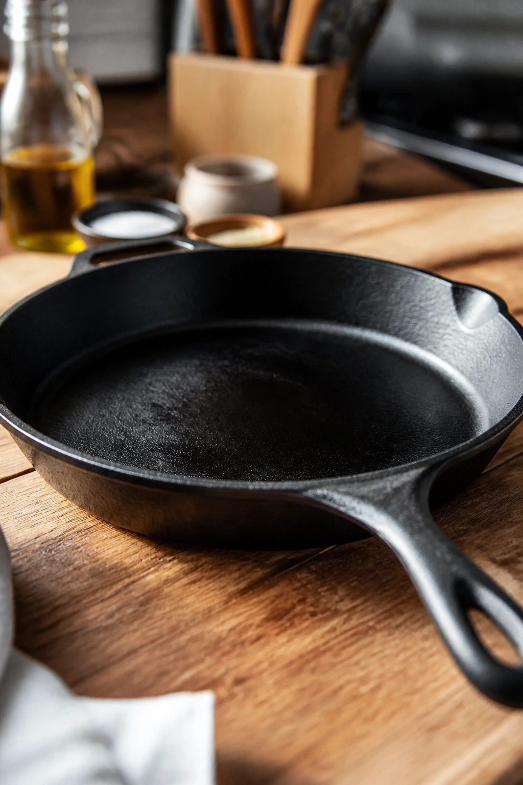 Cast-iron skillet on wooden counter in warm kitchen