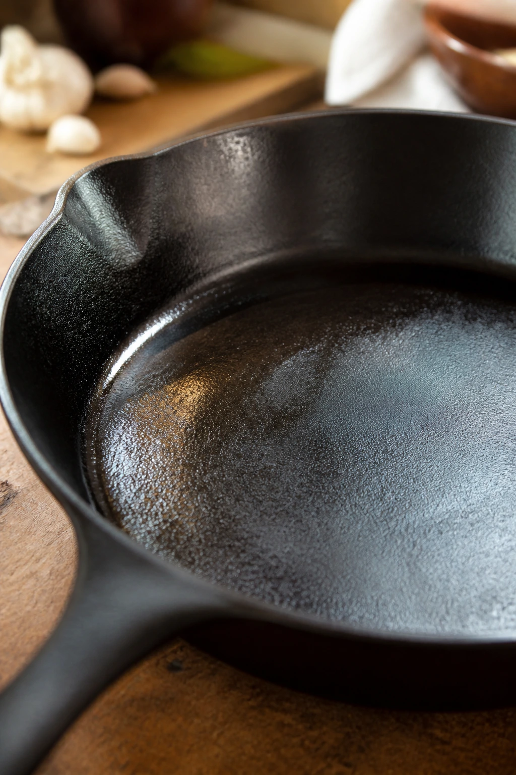 Close-up of a seasoned 12-inch cast-iron skillet on a wooden kitchen counter