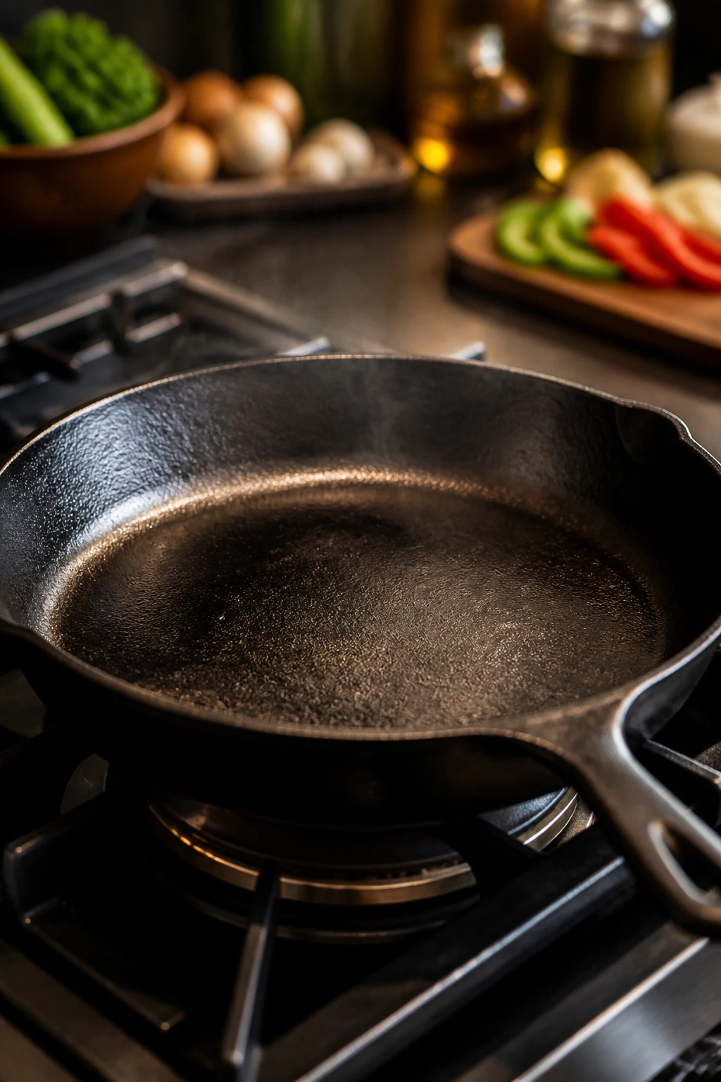 Close-up of a seasoned cast-iron skillet on a stove