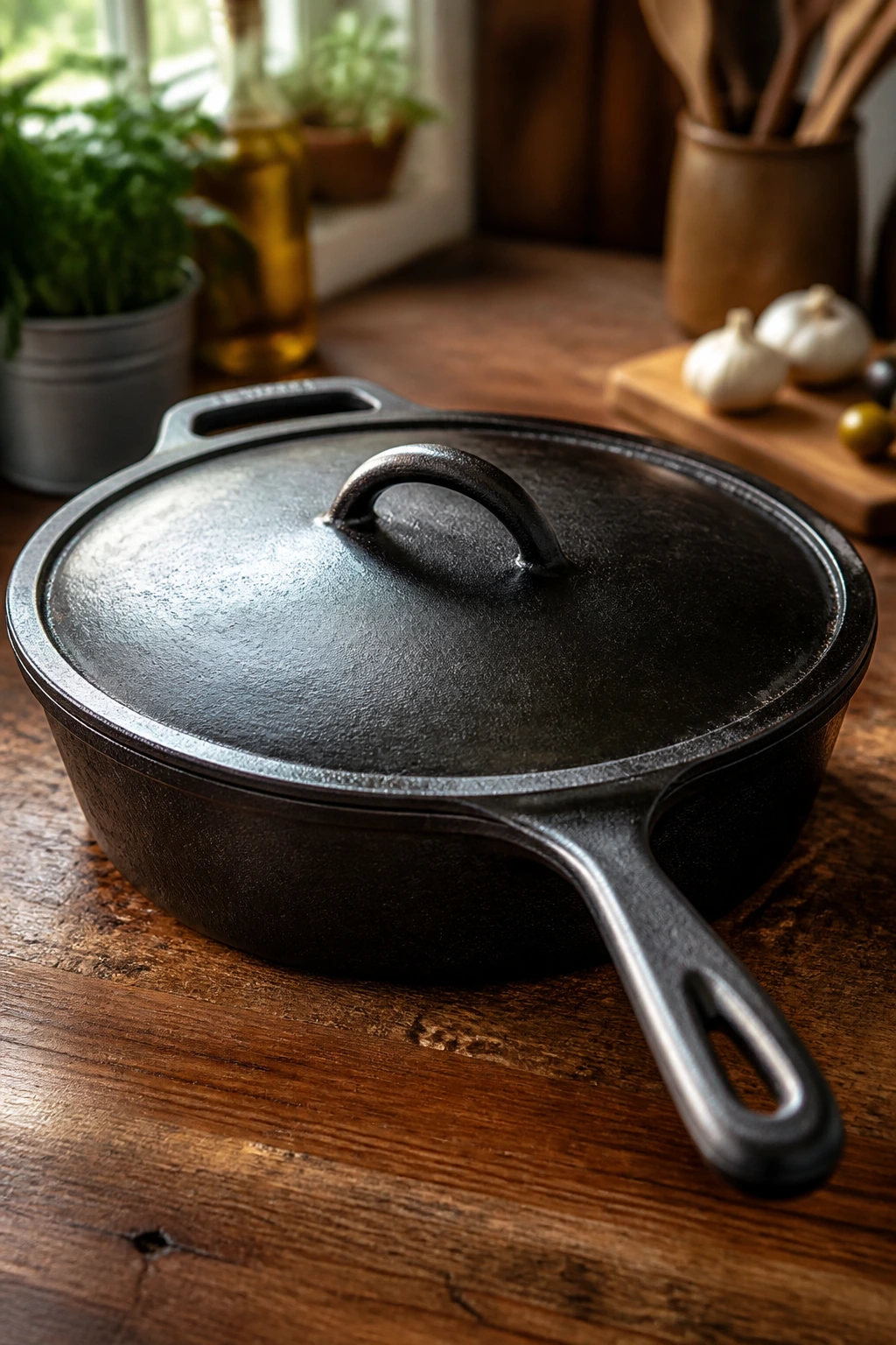Close-up of a 12-inch cast iron skillet with lid on a wooden counter
