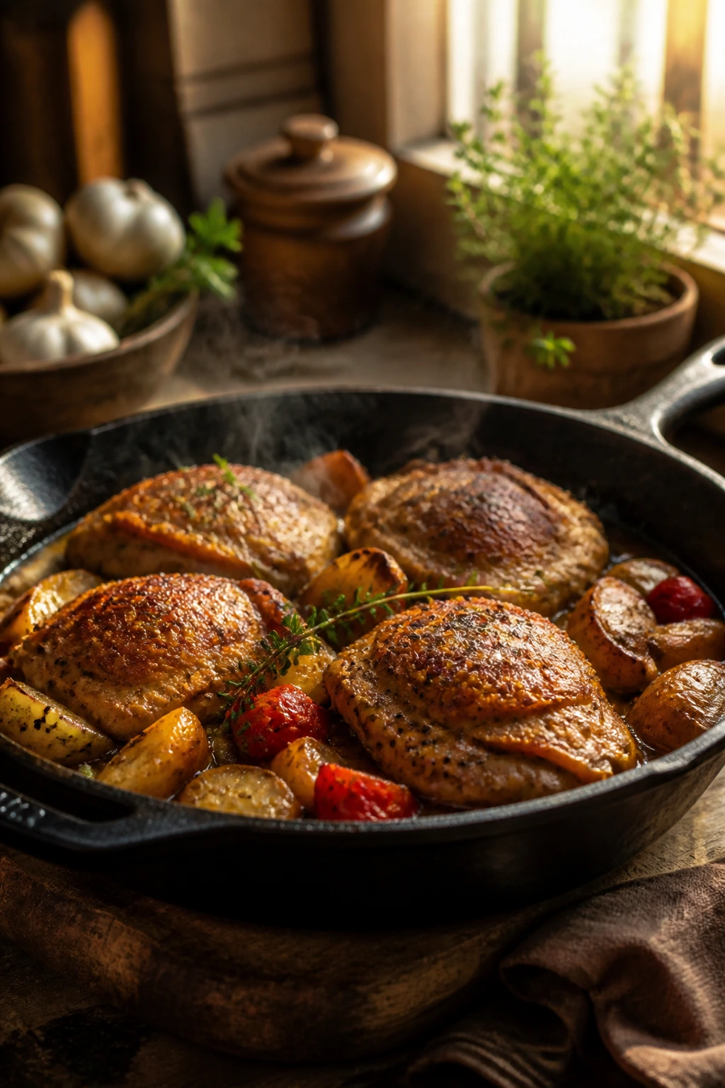 Close-up of a cast iron skillet with a one-pan dinner in a cozy kitchen