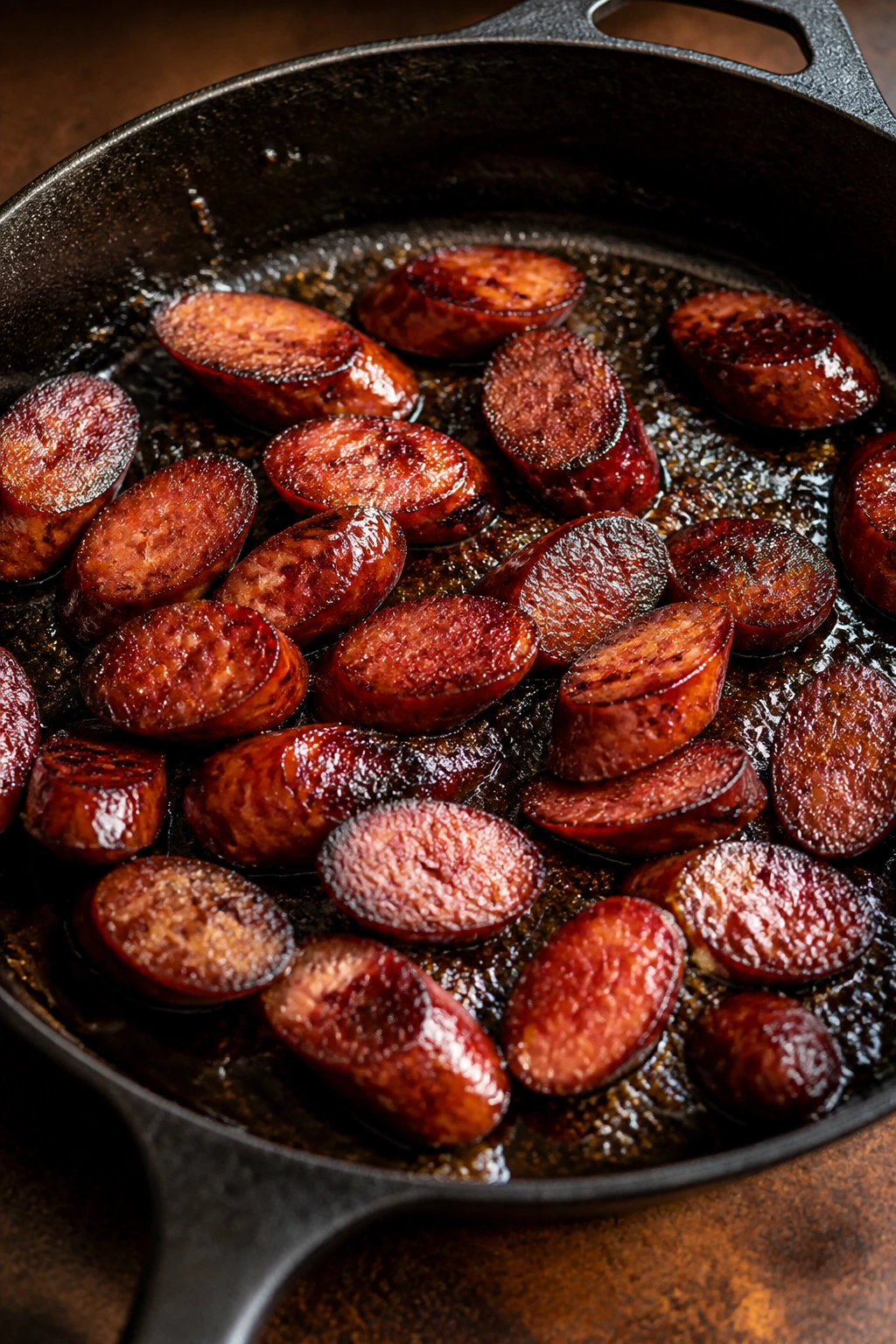 Close-up of a seasoned cast-iron skillet filling the frame on a warm kitchen counter