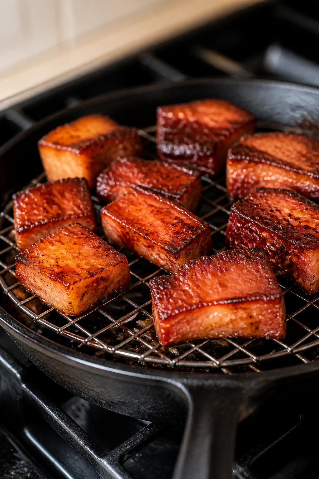 Cast-iron skillet with rack and pork showing crisp edges