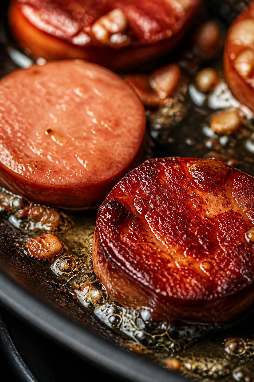 Sausage coins browning in skillet with glaze forming