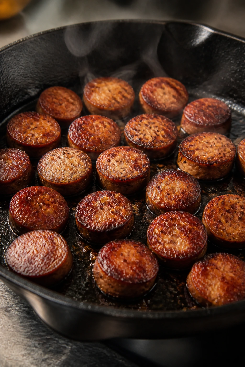 12-inch cast-iron skillet filled with sausage coins browning