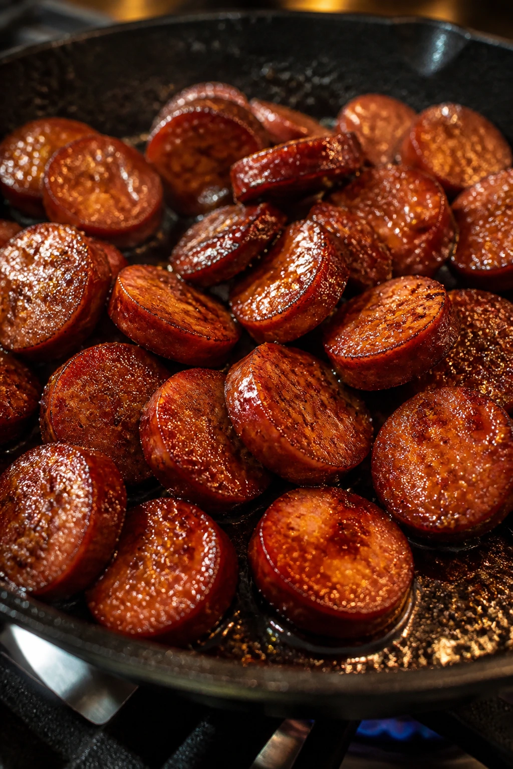 Close-up of crispy smoked sausage coins with glossy brown sugar glaze in a cast-iron skillet