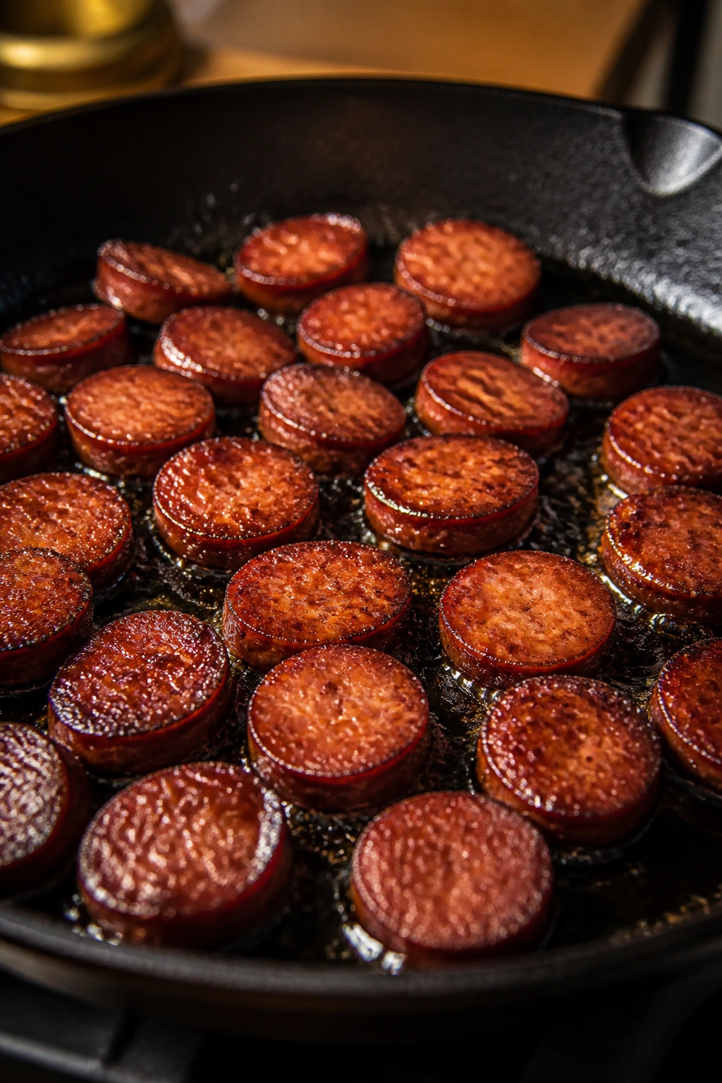 Close-up of sausage coins browning with glaze forming in a pan
