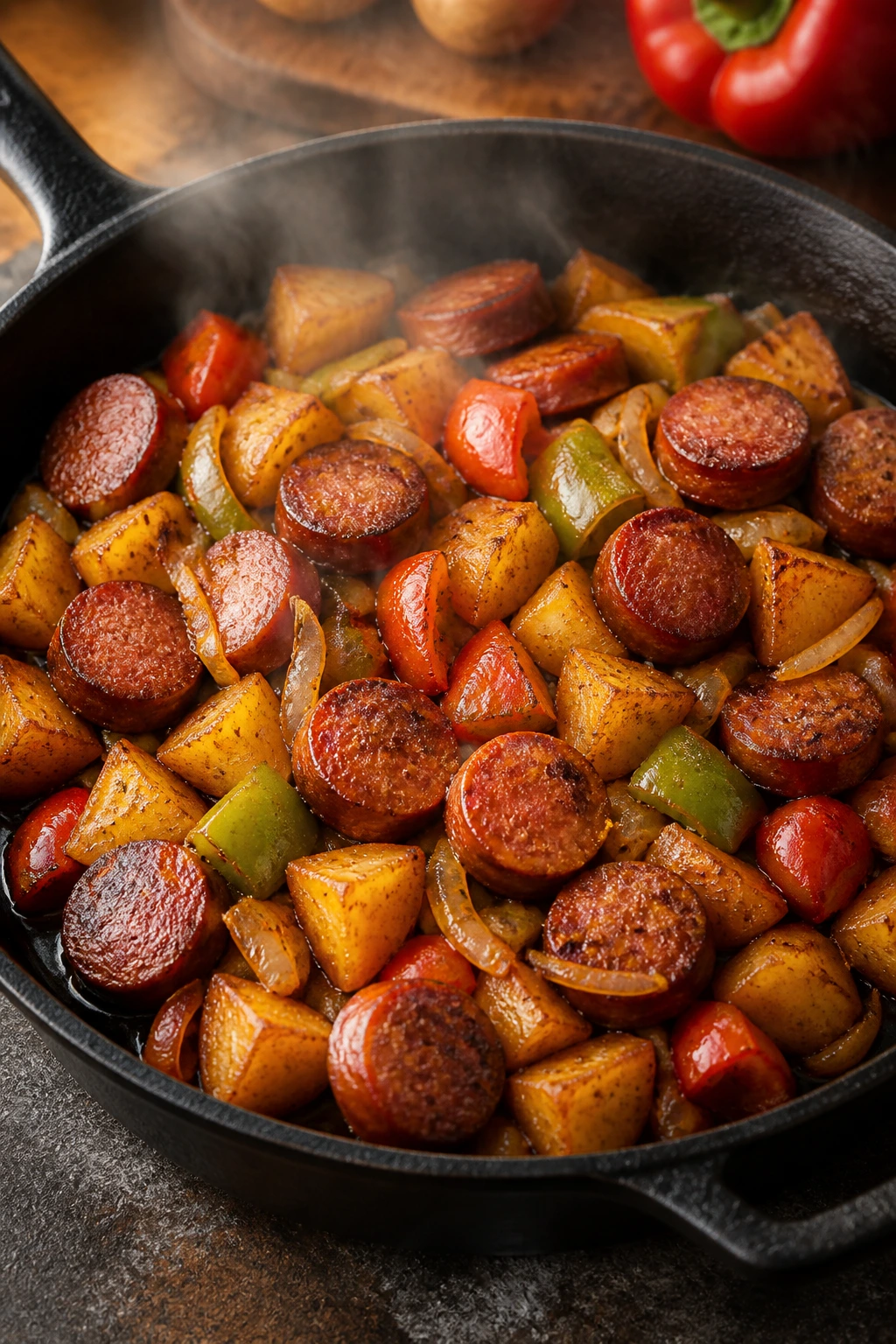 Close-up of a cast-iron skillet filled with browned sausage, potatoes, peppers and onion